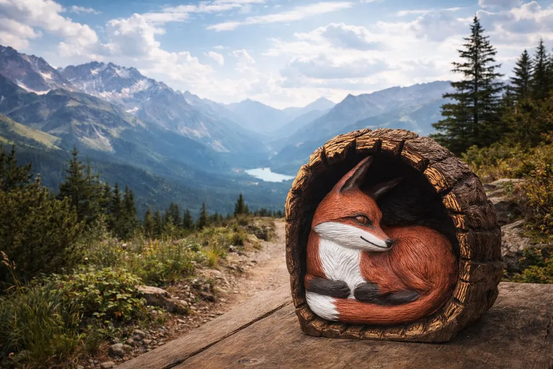 Chainsaw carving red fox in a log